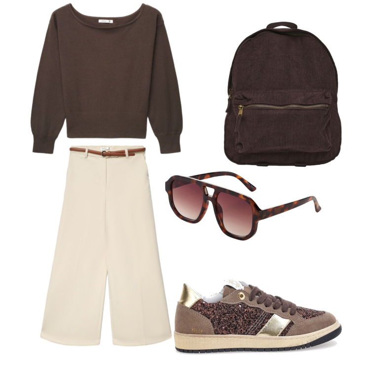 Outfit donna - In università. Stile Minimal per Scuola/Università. Abbinamento con occhiali da sole, pantaloni, zaini, maglieria, sneakers.