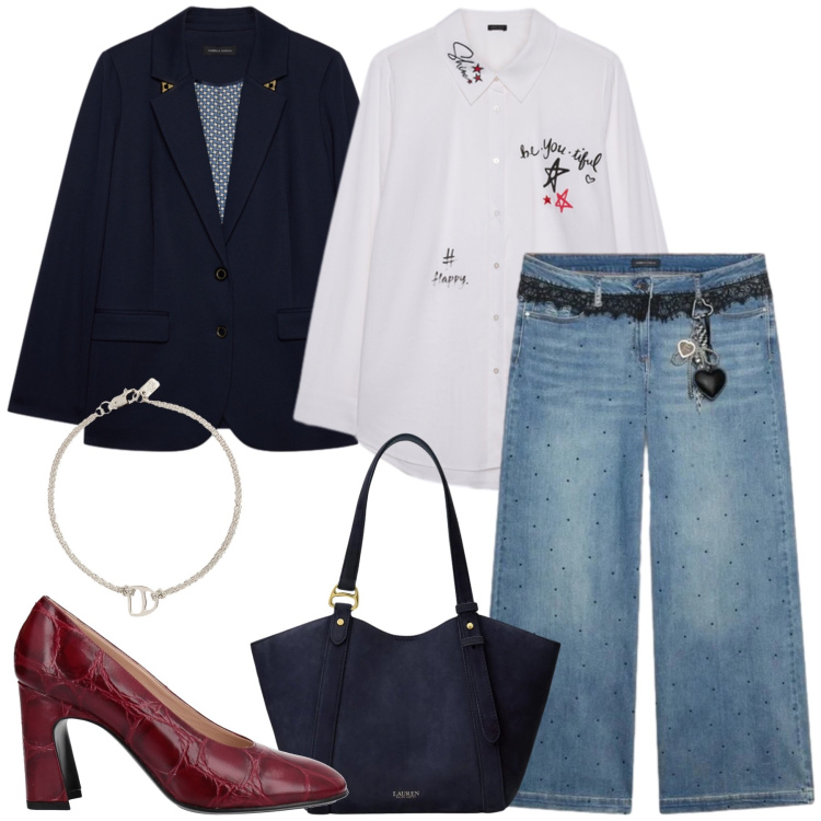 Outfit donna - Total look #2486151. Stile Chic per Ufficio. Abbinamento con décolleté, camicie, blazer, jeans, borse tote, braccialetti con ciondoli.