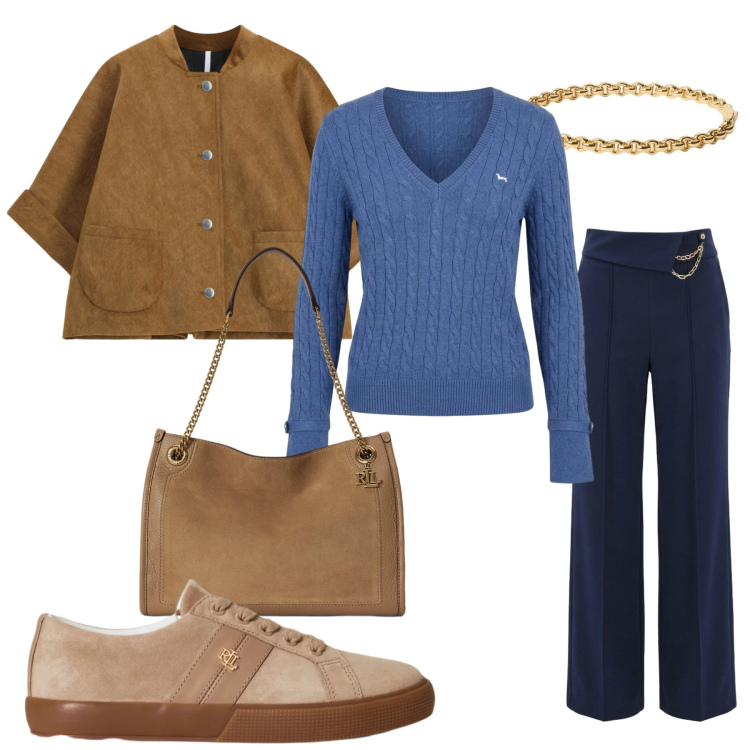 Outfit donna - Total look #2486152. Stile Casual chic per Tutti i giorni. Abbinamento con pantaloni, cappotti, maglieria, sneakers, borse tote, braccialetti.