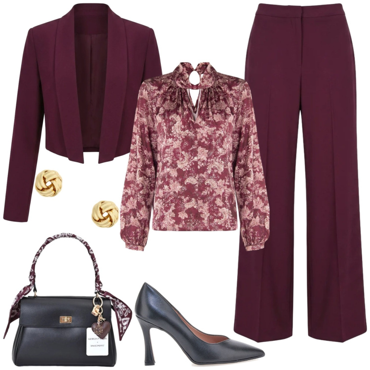 Outfit donna - Battesimo autunnale. Stile Chic per Cerimonia. Abbinamento con blazer, pantaloni a palazzo, borse a mano, bluse, orecchini, décolleté.