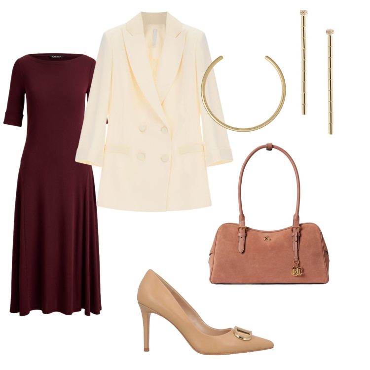 Outfit donna - Matrimonio tra le vigne. Stile Chic per Cerimonia. Abbinamento con décolleté, blazer, borse a mano, orecchini, collane, vestiti midi/longuette.