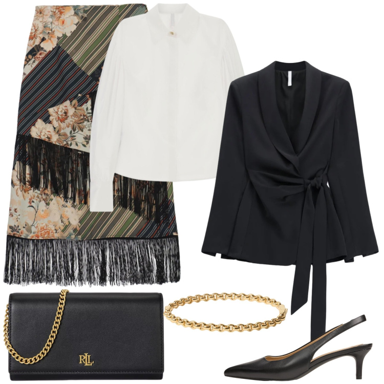 Outfit donna - Total look #2486158. Stile Chic per Serata fuori. Abbinamento con blazer, camicie, gonne longuette, décolleté, borse a tracolla, braccialetti.