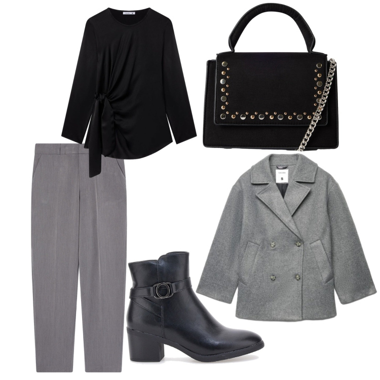Outfit donna - In ufficio. Stile Casual per Ufficio. Abbinamento con borse a tracolla, pantaloni chino, bluse, caban, stivaletti.