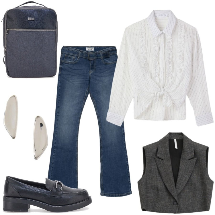 Outfit donna - All\' Università. Stile Urban per Scuola/Università. Abbinamento con jeans a zampa, camicie, gilet, orecchini, mocassini, zaini.