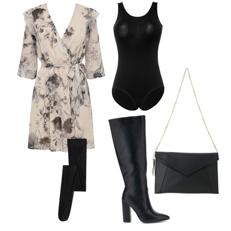Outfit donna - Appuntamento romantico. Stile Romantica per Serata fuori. Abbinamento con borse a tracolla, vestiti corti, stivali sopra il ginocchio, collant, body.