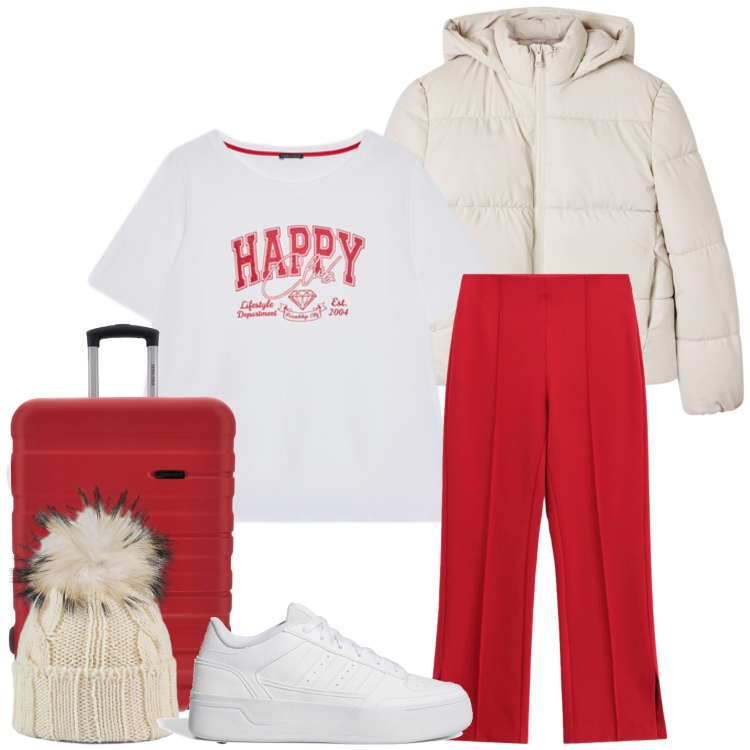 Outfit donna - Total look #2486166. Stile Casual chic per Tutti i giorni. Abbinamento con bomber, pantaloni, t-shirt, berretti, sneakers, valigie.