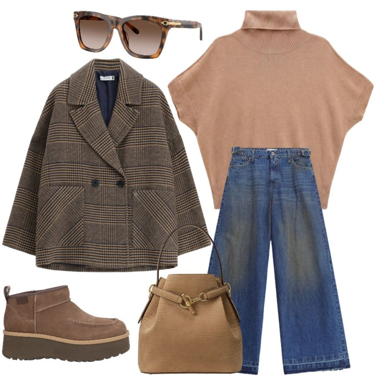 Outfit donna - City. Stile Casual per Tutti i giorni. Abbinamento con t-shirt, occhiali da sole, borse a secchiello, jeans, blazer, stivaletti.