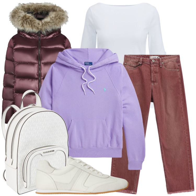 Outfit donna - Total look #2486169. Stile Sporty chic per Tutti i giorni. Abbinamento con zaini, jeans dritti, t-shirt, sneakers, felpe con cappuccio, piumini.