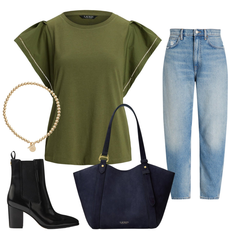 Outfit donna - Total look #2486171. Stile Casual chic per Tutti i giorni. Abbinamento con top, collane, jeans, stivaletti, borse tote.