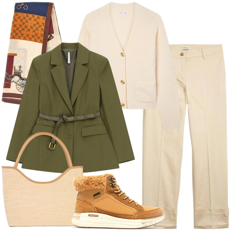 Outfit donna - Ufficio. Stile Casual chic per Ufficio. Abbinamento con pantaloni chino, shopping bag, cardigans, blazer, foulard, stivaletti.