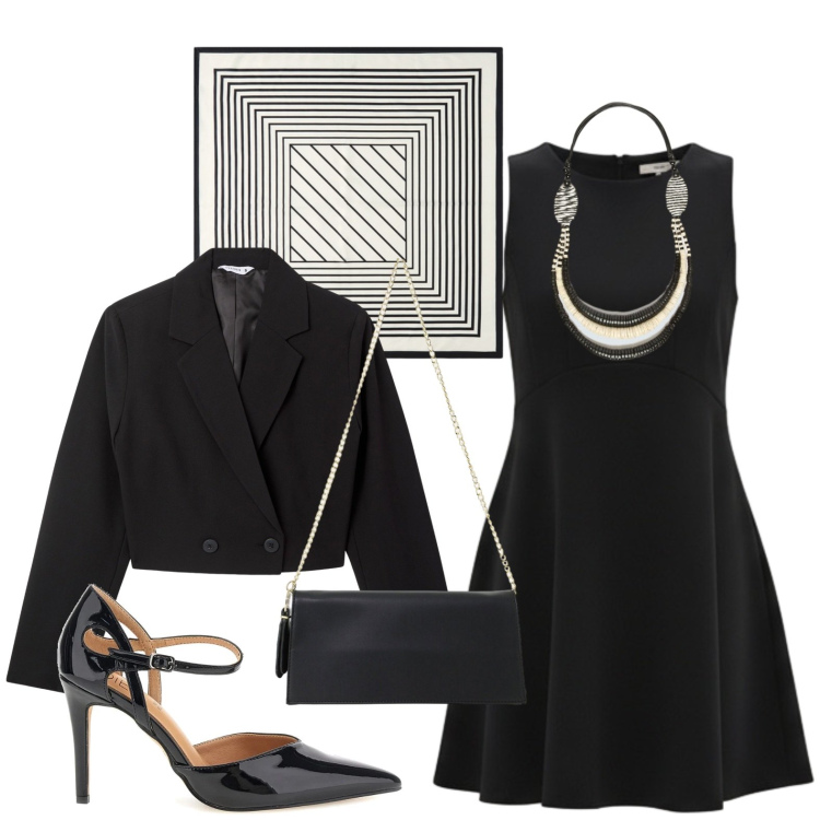 Outfit donna - Serata. Stile Chic per Serata fuori. Abbinamento con blazer, vestiti corti, borse a tracolla, collane, foulard, décolleté.