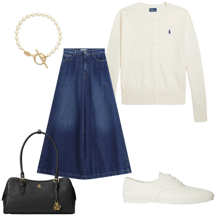 Outfit donna - Total look #2486178. Stile Casual chic per Tutti i giorni. Abbinamento con jeans, borse a mano, braccialetti, sneakers, cardigans.