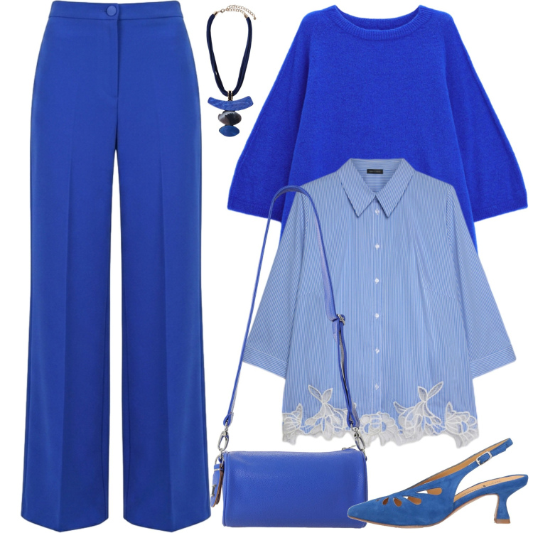 Outfit donna - Blu elettrico, energia e vitalità. Stile Chic per Serata fuori. Abbinamento con maglieria, borse a tracolla, ciondoli, camicie, pantaloni a palazzo, décolleté.