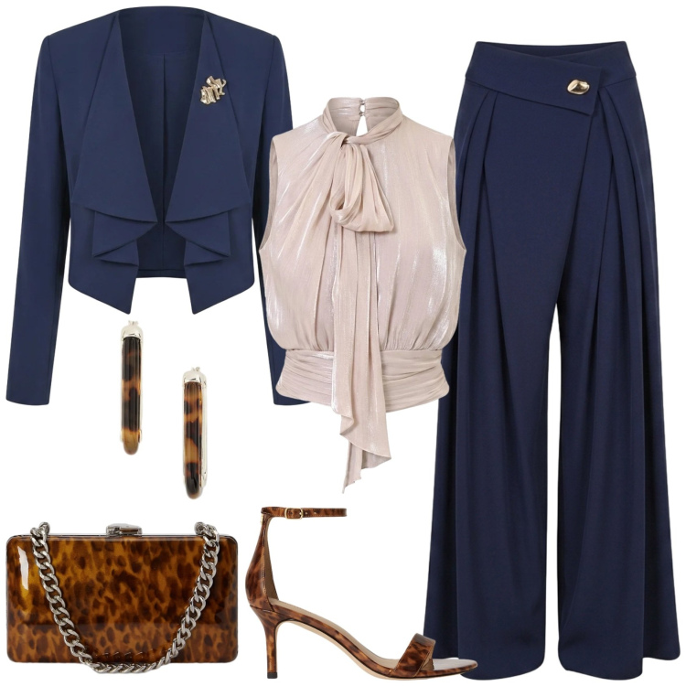 Outfit donna - Matrimonio degli amici!. Stile Chic per Cerimonia. Abbinamento con pantaloni a palazzo, top, blazer, clutch, sandali in pelle, orecchini.