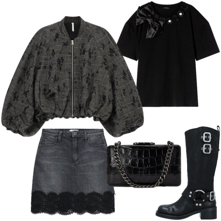 Outfit donna - Rock romantico. Stile Rock per Serata fuori. Abbinamento con stivali, bomber, minigonne, t-shirt, clutch.