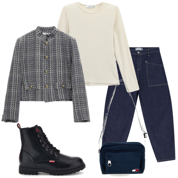 Outfit donna - Total look #2486183. Stile Casual chic per Tutti i giorni. Abbinamento con jeans, cappotti, t-shirt, borse a tracolla, anfibi.