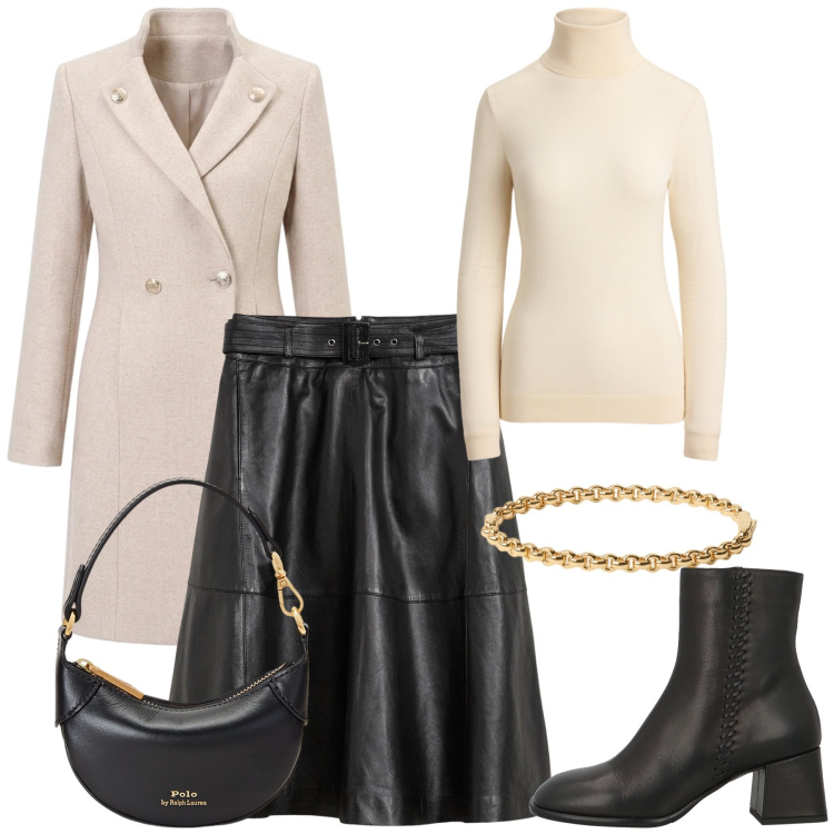 Outfit donna - Total look #2486184. Stile Casual chic per Tutti i giorni. Abbinamento con stivaletti, gonne, cappotti, portafogli, pullovers, braccialetti.