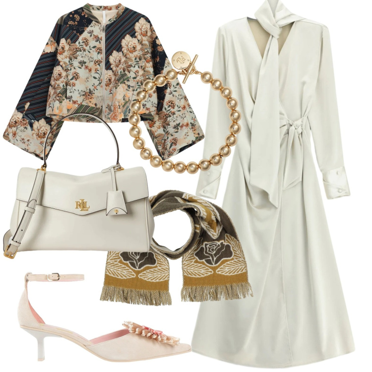 Outfit donna - Chic di sera. Stile Chic per Serata fuori. Abbinamento con sciarpe, décolleté, vestiti lunghi, bomber, braccialetti, borse a mano.
