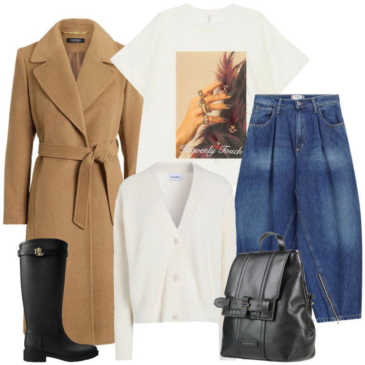 Outfit donna - Total look #2486186. Stile Casual chic per Tutti i giorni. Abbinamento con cardigans, zaini, t-shirt, jeans, stivali di gomma, cappotti.