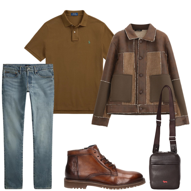 Outfit uomo - Total look #2486198. Stile Casual per Tutti i giorni. Abbinamento con borse sportive, cappotti, jeans, polo, stivali e stivaletti.