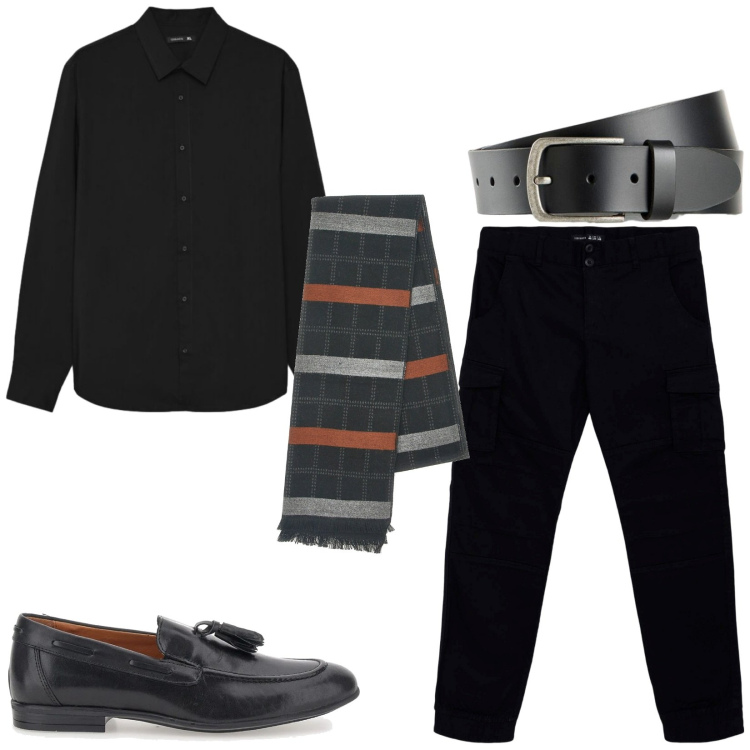 Outfit uomo - Total look #2486199. Stile Urban per Serata speciale. Abbinamento con pantaloni cargo, camicie, sciarpe, scarpe stringate, cinture.