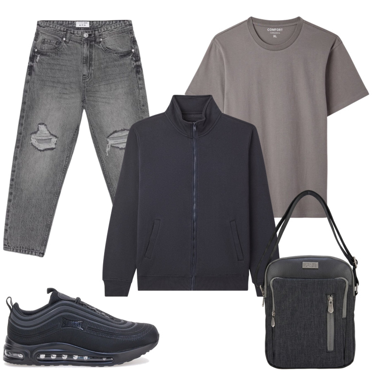 Outfit uomo - Total look #2486200. Stile Casual per Tutti i giorni. Abbinamento con giacche, jeans strappati, t-shirt, sneakers, borse sportive.