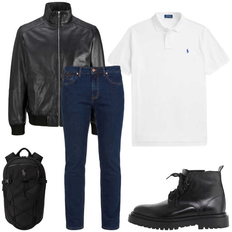 Outfit uomo - Total look #2486201. Stile Casual per Tutti i giorni. Abbinamento con jeans, anfibi, borse sportive, polo, giacche.