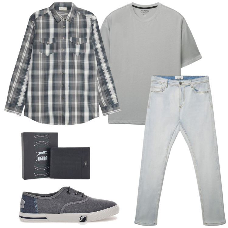 Outfit uomo - Total look #2486202. Stile Trendy per Tutti i giorni. Abbinamento con jeans skinny, t-shirt, portafogli, scarpe stringate, camicie.