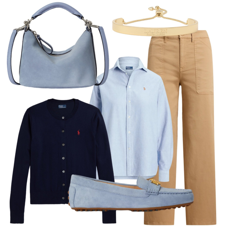 Outfit donna - Ufficio. Stile Bon Ton per Ufficio. Abbinamento con pantaloni, mocassini, borse a spalla, braccialetti, cardigans, camicie.