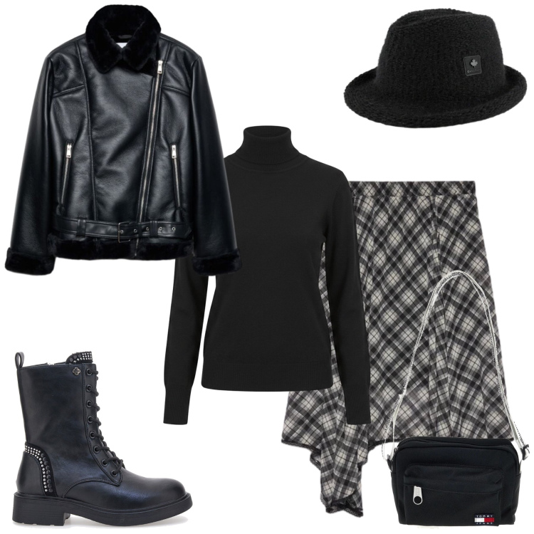 Outfit donna - Total look #2486208. Stile Chic per Tutti i giorni. Abbinamento con gonne longuette, pullovers, cappelli, giacche, anfibi, borse a tracolla.