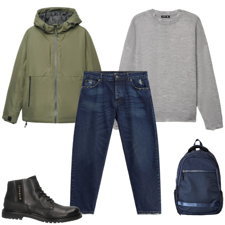 Outfit uomo - Total look #2486211. Stile Casual per Tutti i giorni. Abbinamento con borse sportive, jeans, giacche, maglieria, stivali e stivaletti.