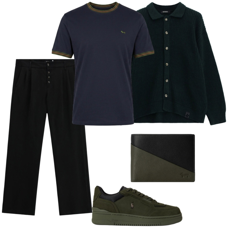Outfit uomo - Total look #2486216. Stile Trendy per Serata speciale. Abbinamento con t-shirt, portafogli, cardigans, pantaloni, sneakers.