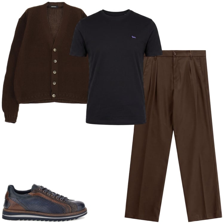 Outfit uomo - Total look #2486217. Stile Casual per Serata speciale. Abbinamento con t-shirt, pantaloni, cardigans, sneakers.