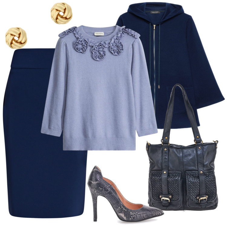 Outfit donna - Blu e glicine per una cena. Stile Chic per Serata fuori. Abbinamento con maglieria, blazer, gonne longuette, orecchini, borse a spalla, décolleté.