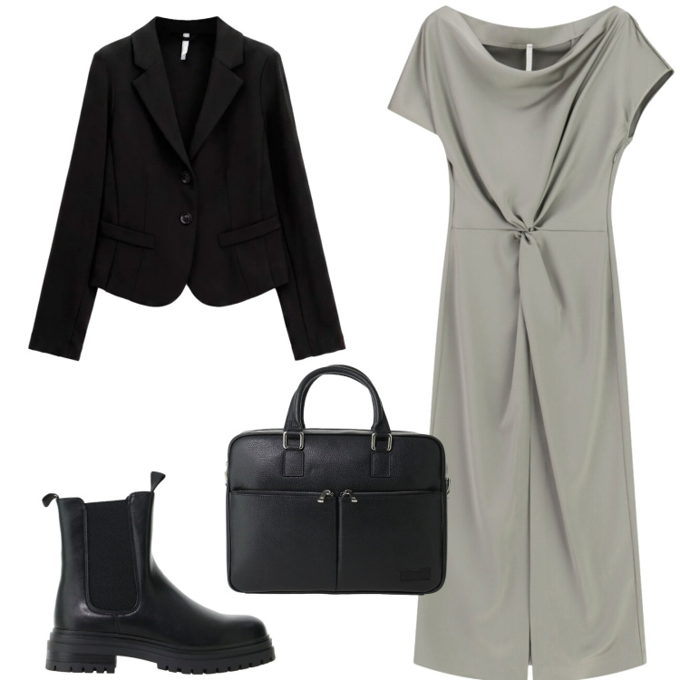 Outfit donna - Total look #2486221. Stile Urban per Ufficio. Abbinamento con blazer, stivaletti chelsea, borse messenger, vestiti midi/longuette.