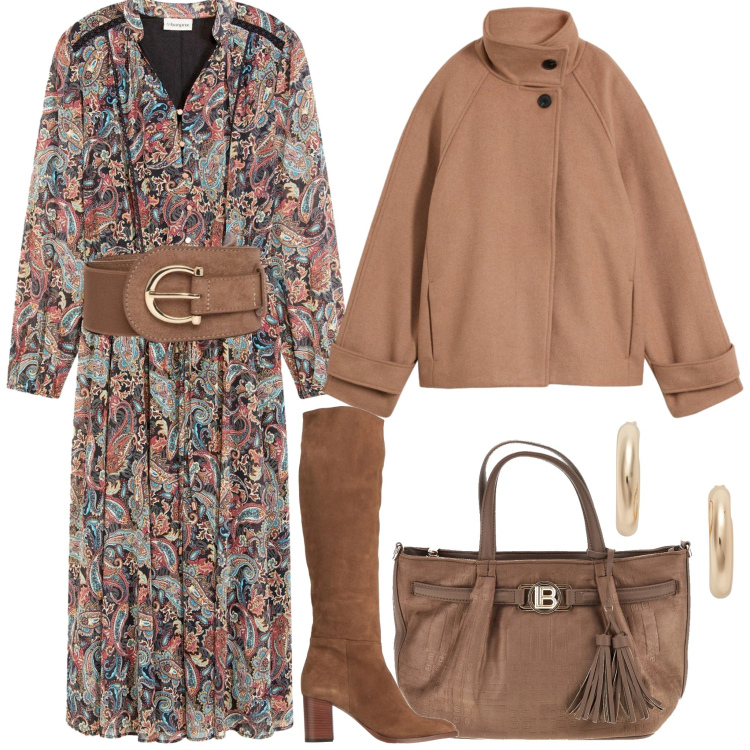 Outfit donna - L\'abito Paisley e la cintura di camoscio. Stile Trendy per Serata fuori. Abbinamento con stivali, vestiti, blazer, cinture, orecchini, borse a mano.