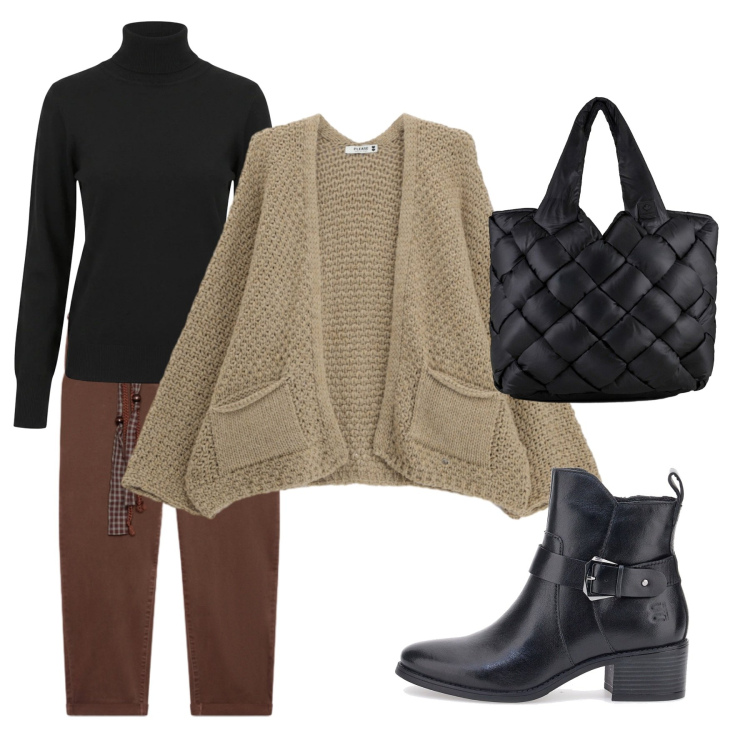 Outfit donna - Total look #2486224. per Tutti i giorni. Abbinamento con pantaloni chino, cardigans, pullovers, borse tote, stivali sopra il ginocchio.