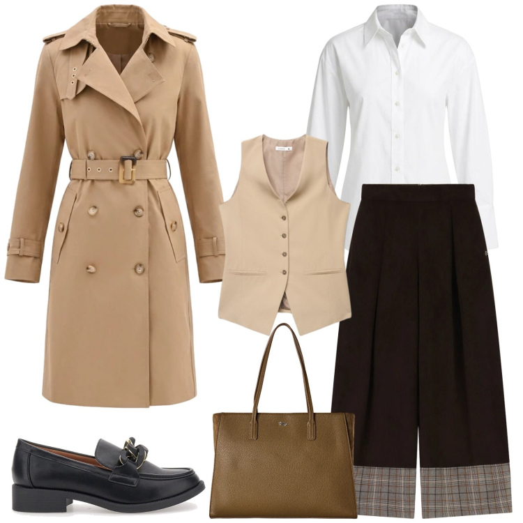 Outfit donna - Total look #2486225. Stile Urban per Ufficio. Abbinamento con gilet, trench, shopping bag, pantaloni a palazzo, camicie, mocassini.