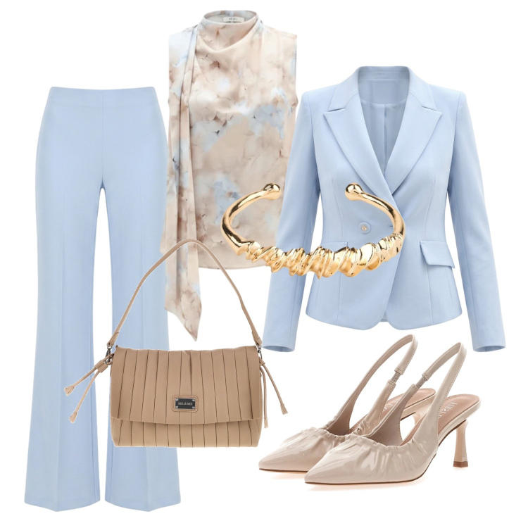 Outfit donna - Total look #2486227. Stile Chic per Cerimonia. Abbinamento con braccialetti, canottiere, blazer, pantaloni a palazzo, décolleté, pochette.
