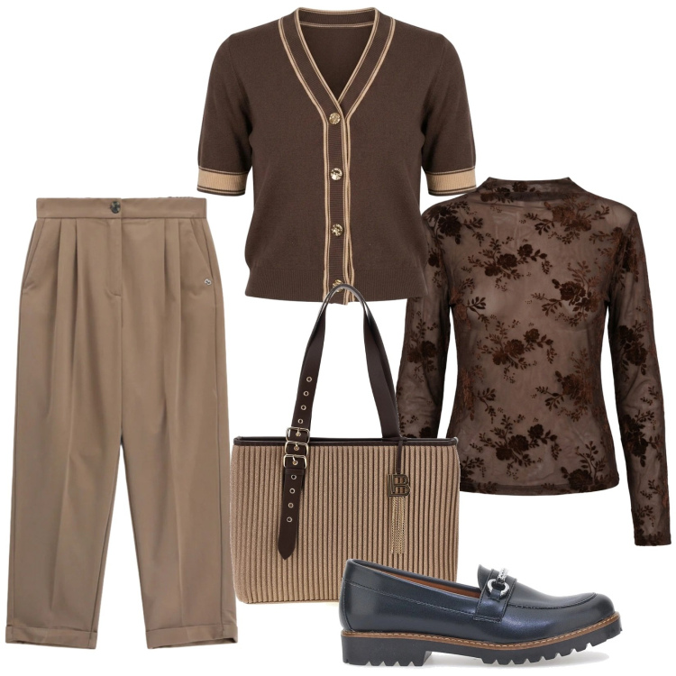 Outfit donna - Total look #2486228. Stile Casual chic per Tutti i giorni. Abbinamento con pantaloni, cardigans, t-shirt, mocassini, borse a spalla.