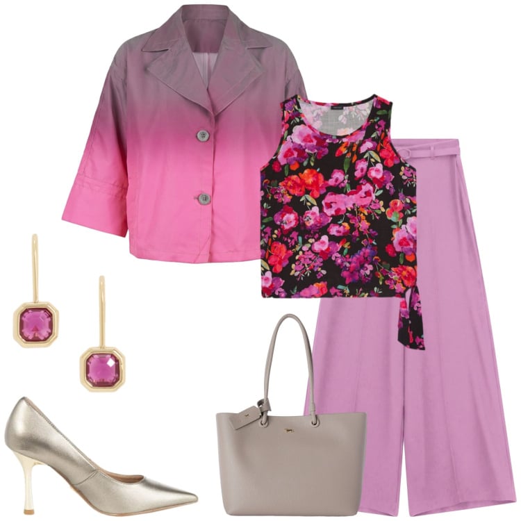 Outfit donna - Total look #2486231. Stile Chic per Cerimonia. Abbinamento con shopping bag, pantaloni a palazzo, top, orecchini, décolleté, cappotti.
