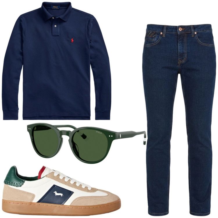 Outfit uomo - Total look #2486232. Stile Casual per Tutti i giorni. Abbinamento con jeans, sneakers, occhiali da sole, polo.
