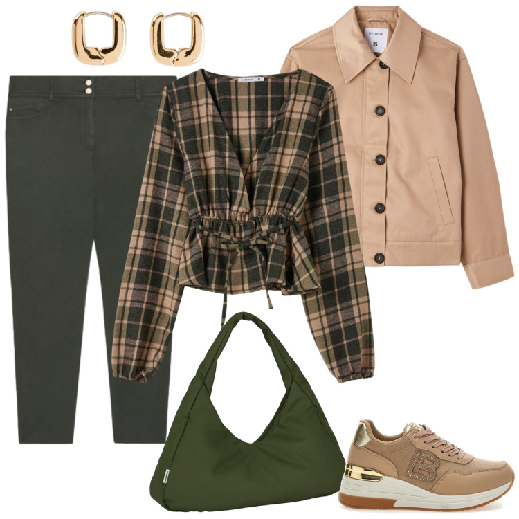Outfit donna - La blusa a quadri. Stile Casual per Tutti i giorni. Abbinamento con orecchini, cappotti, camicie, pantaloni skinny, borse a spalla, sneakers.