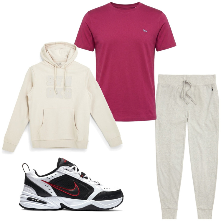 Outfit uomo - Total look #2486235. Stile Casual per Sport. Abbinamento con t-shirt, pantaloni, felpe con cappuccio, sneakers.