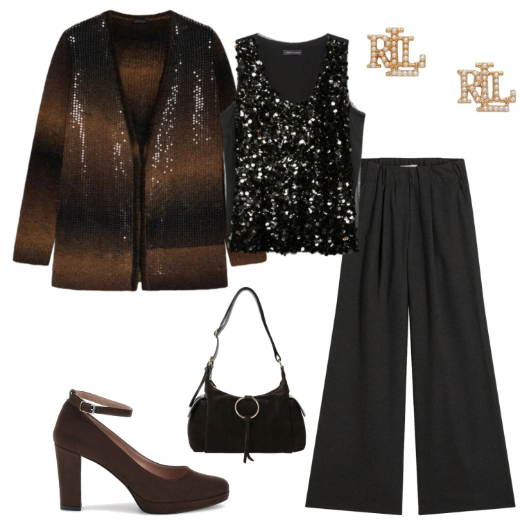 Outfit donna - Total look #2486237. Stile Glamour per Serata fuori. Abbinamento con pantaloni, borse a spalla, top, cardigans, orecchini, décolleté.