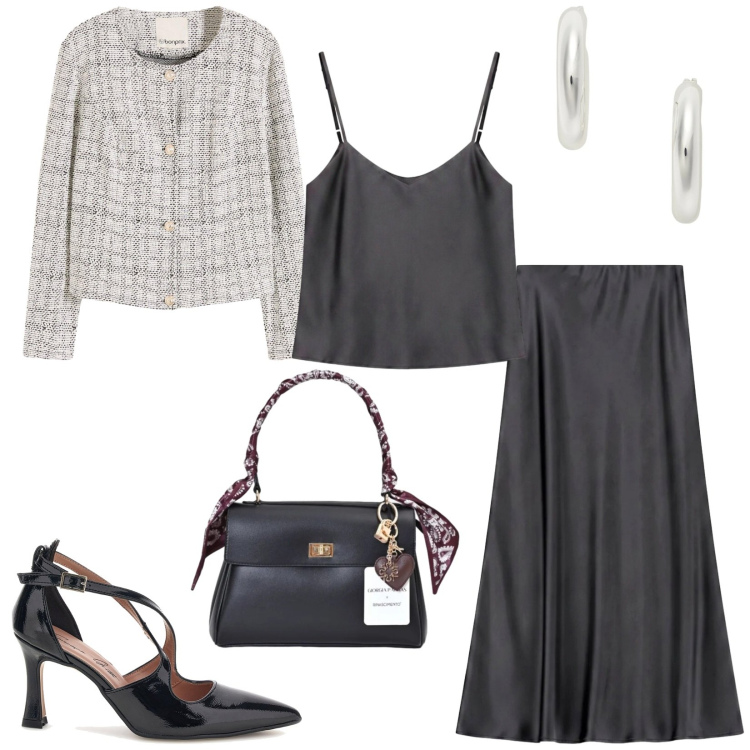 Outfit donna - Total look #2486238. Stile Bon Ton per Ufficio. Abbinamento con cardigans, borse a mano, top, gonne lunghe, orecchini, décolleté.