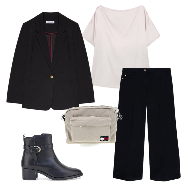Outfit donna - Total look #2486239. Stile Casual per Tutti i giorni. Abbinamento con jeans, blazer, bluse, borse a tracolla, stivaletti.