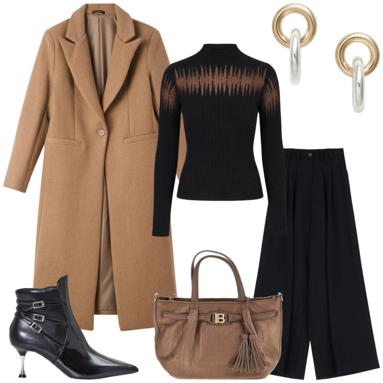 Outfit donna - Total look #2486240. Stile Chic per Ufficio. Abbinamento con orecchini, pantaloni, stivaletti, pullovers, cappotti, borse a mano.