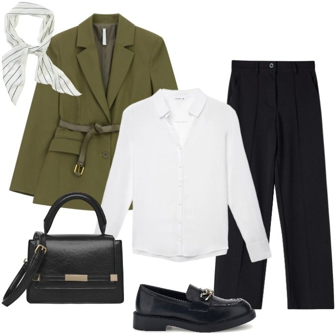 Outfit donna - Eleganza d\'Ufficio in Verde Oliva. Stile Casual chic per Ufficio. Abbinamento con foulard, camicie, borse a tracolla, pantaloni, blazer, mocassini.