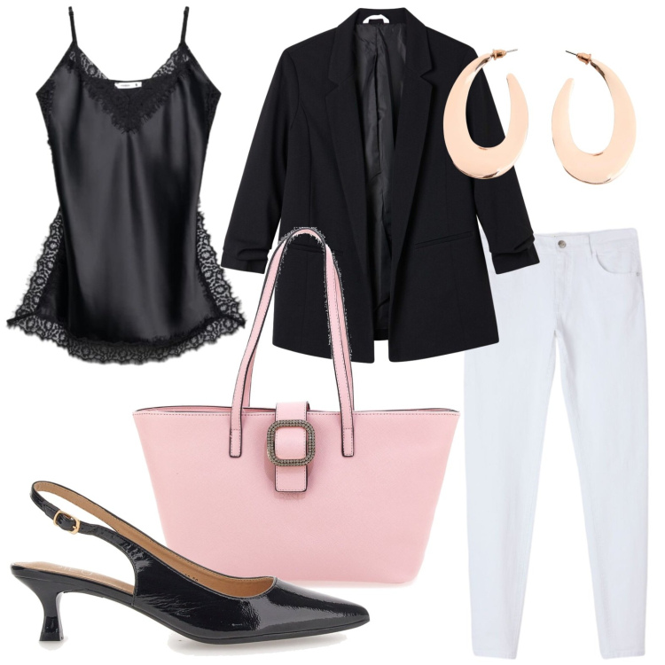 Outfit donna - Top e slingback. Stile Chic per Tutti i giorni. Abbinamento con orecchini, blazer, pantaloni skinny, top, borse a spalla, décolleté.